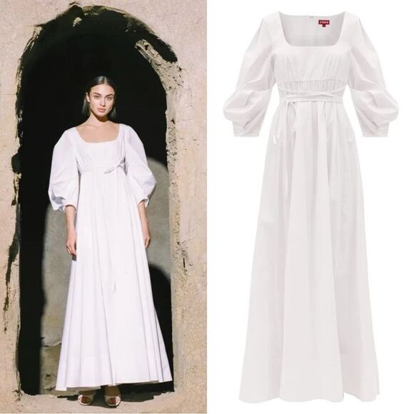NWT STAUD Juliette Empire-Line Cotton-Blend Poplin Dress in white - Picture 1 of 14
